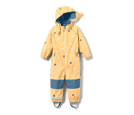 Gelber Kleinkind-Softshell-Einteiler mit Punkte-Alloverprint.