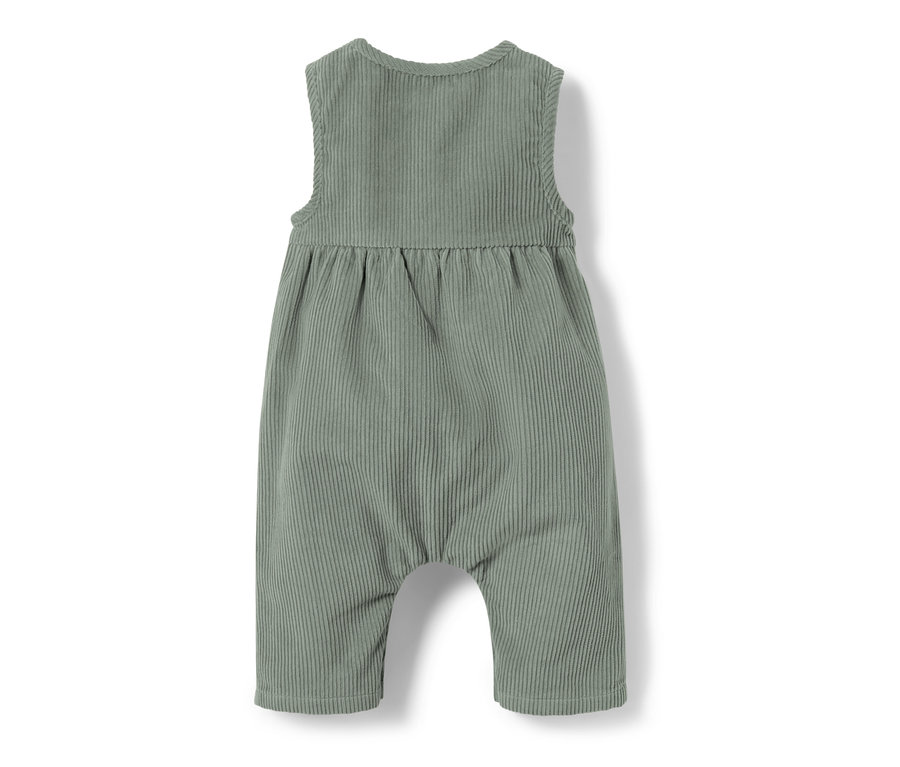 Rückansicht einer Baby-Cordlatzhose in Graugrün.