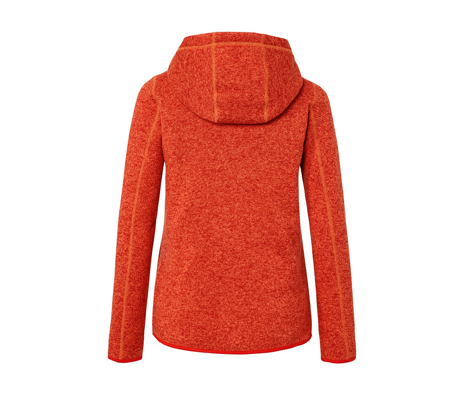 Rückansicht der orange melierten Kapuzen-Strickfleecejacke.