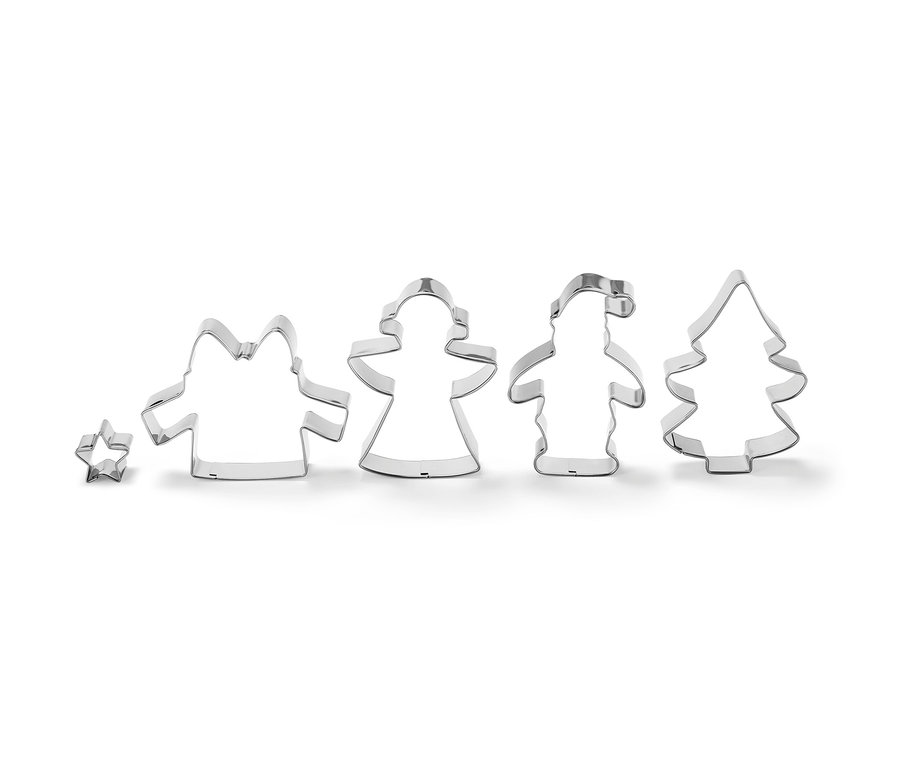 Fünf Keksausstecher in Form von Stern, Engel, Rentier, Weihnachtsmann und Weihnachtsbaum.