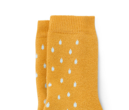 Zwei Paar Kinder-Antirutsch-Socken, ein Paar gelb mit Hundemotiv und weißen Punkten, das andere grün mit Hund und Regenschirm.