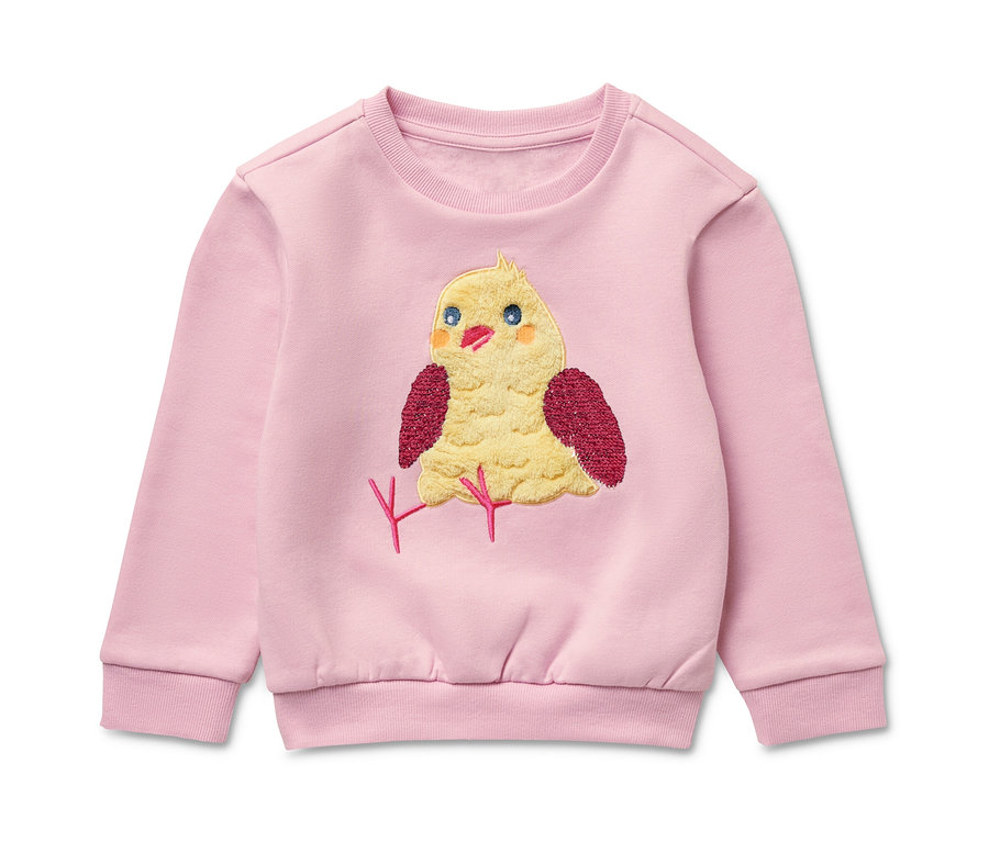 Rosa Kinder-Sweatshirt mit angerauter Innenseite und Küken-Applikation.