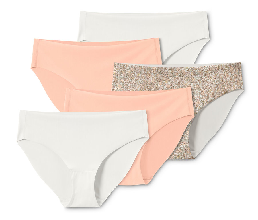 Fünf Magic-Cut-Slips in Creme, Pfirsich und Blumenmuster.
