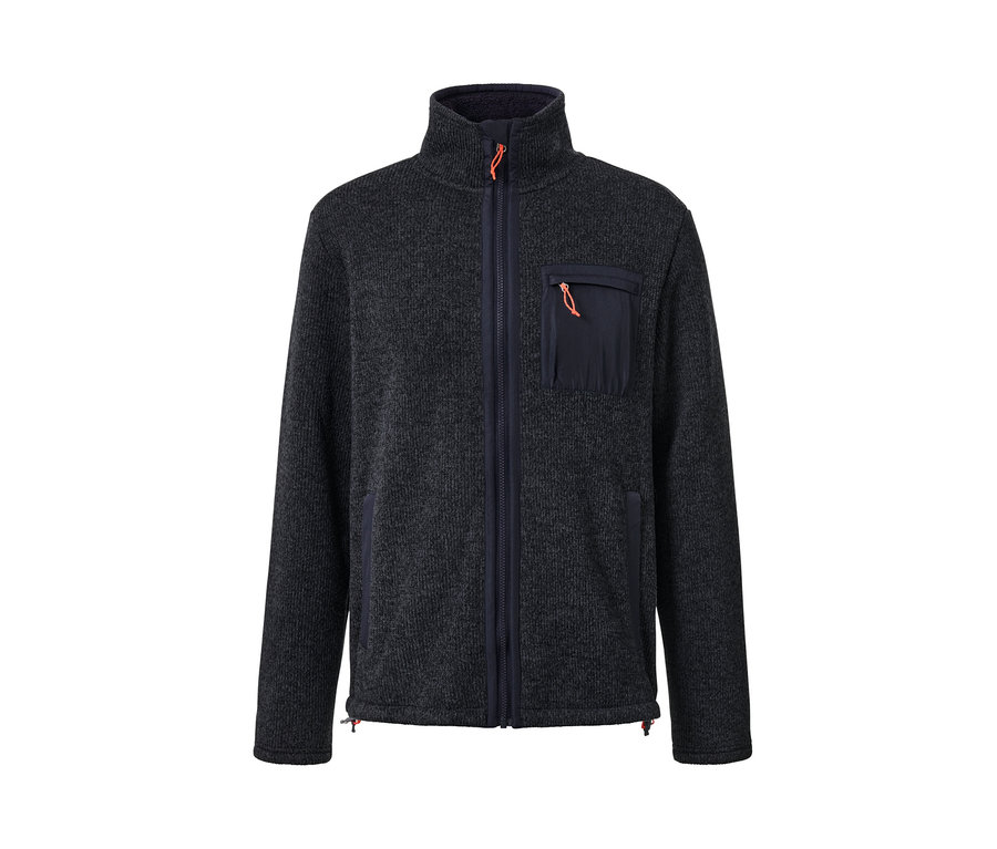 Eine marineblaue Thermo-Strickfleecejacke mit Reißverschluss und Brusttasche.