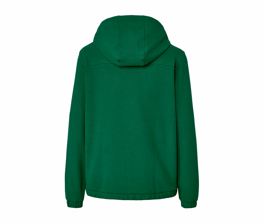 Rückansicht einer grünen Sweatjacke.