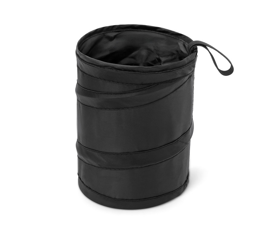 Ein schwarzer faltbarer Mülleimer.