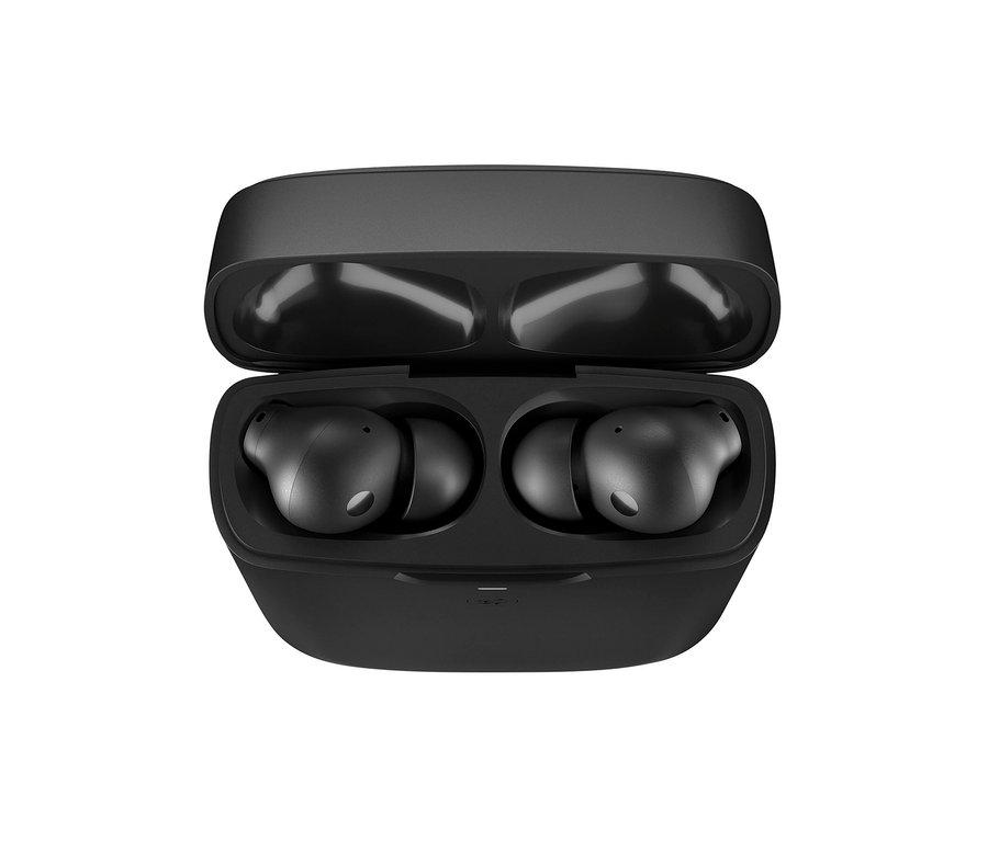 Schwarze In-Ear Kopfhörer mit Solarladefunktion »Urbanista Phoenix« im geöffneten Ladecase.