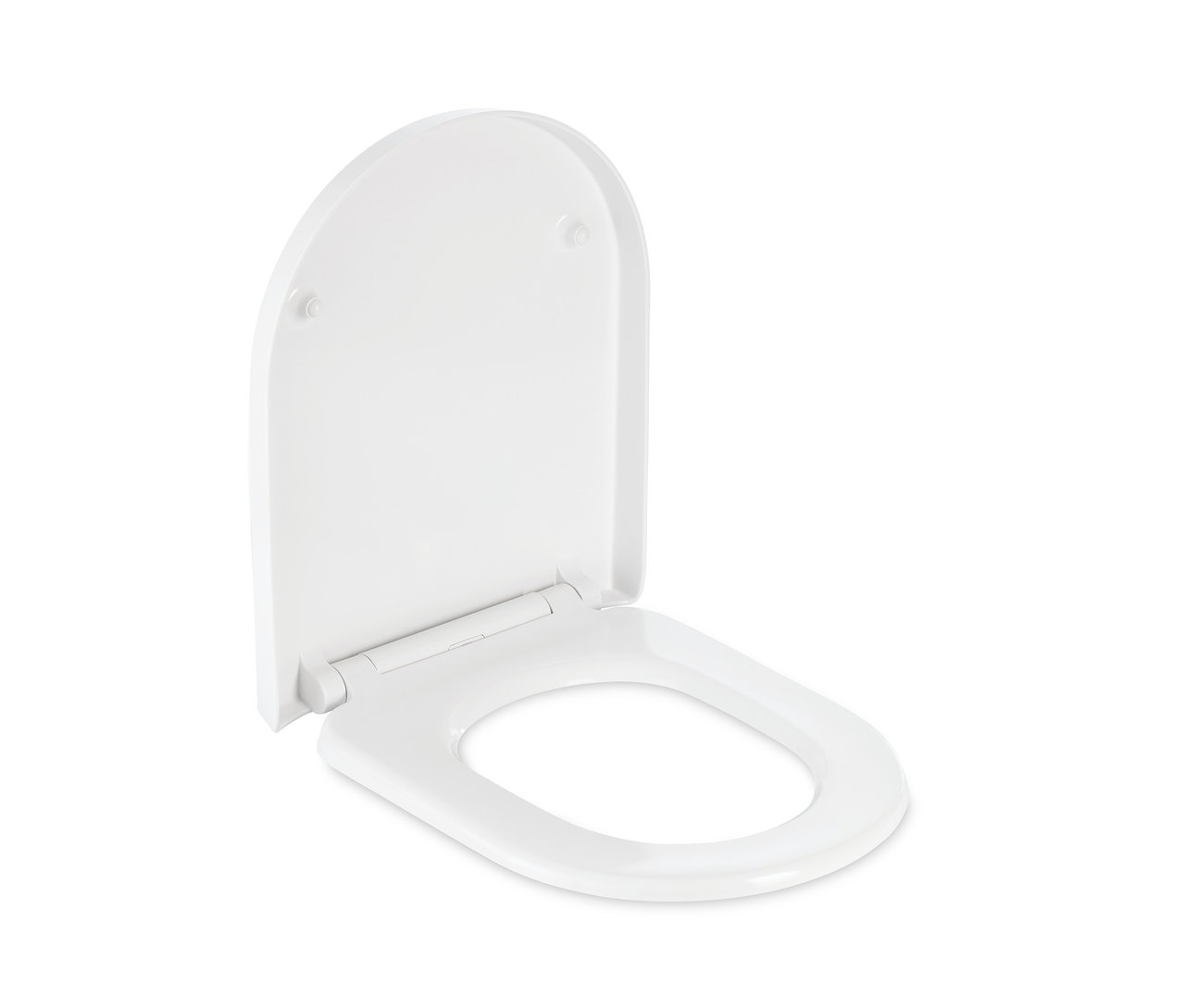 Ein weißer Premium-WC-Sitz mit Absenkautomatik wird in geöffneter Position gezeigt.