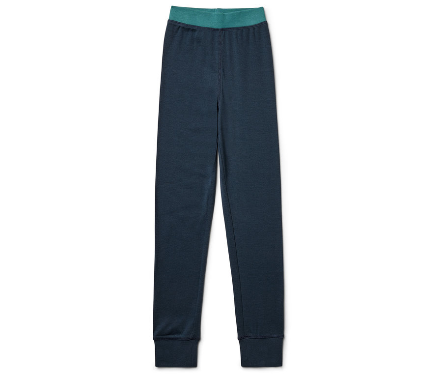 Marineblaue Leggings mit türkisfarbenem Bund.