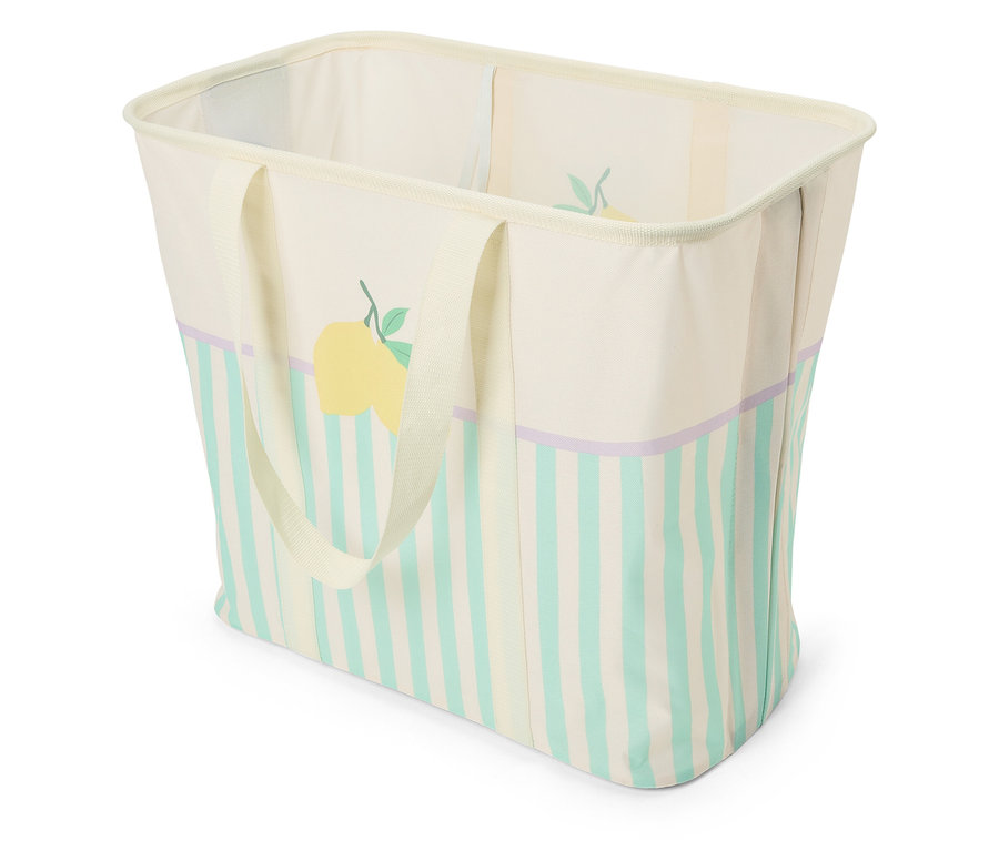 Beiger Stoffkorb mit Griffen, gelber Zitrone und blauen Streifen.