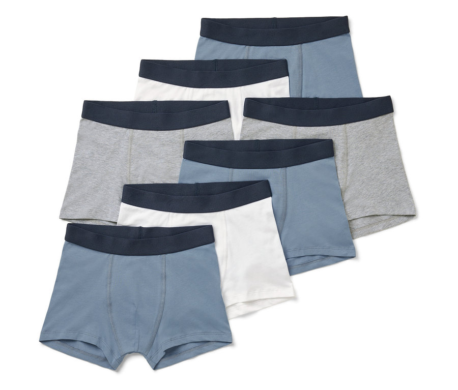 Sechs Boxershorts in Grau, Blau und Weiß mit dunkelblauem Bund.