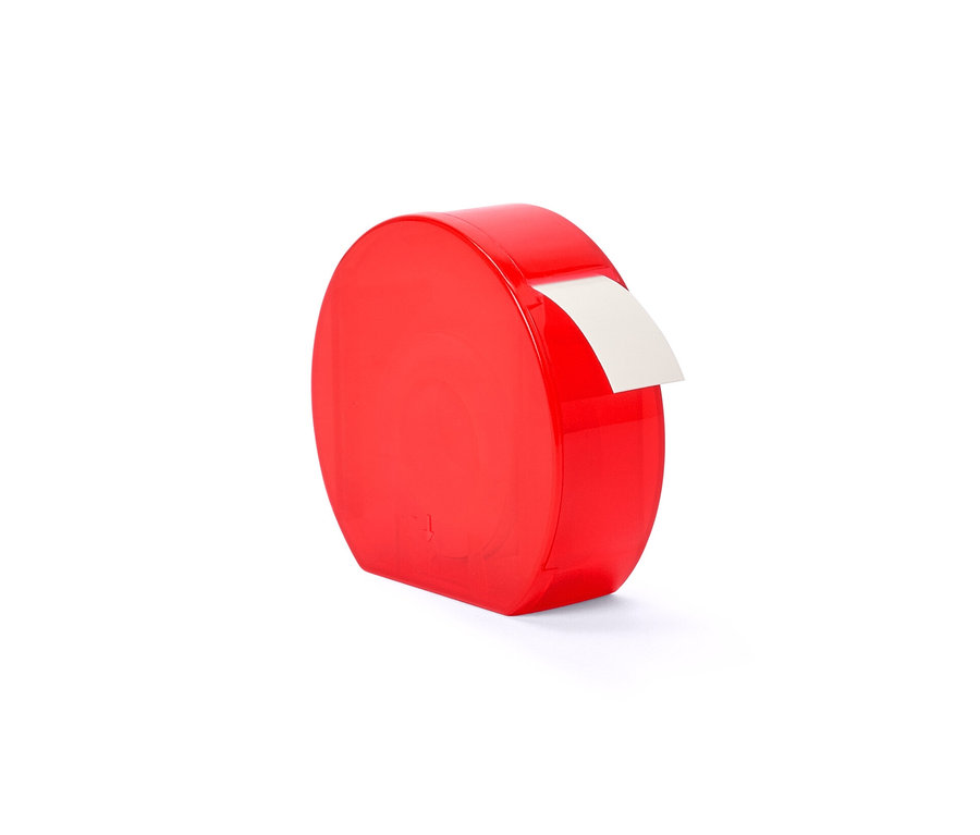 Ein roter Etikettenspender mit einem weißen Etikett.