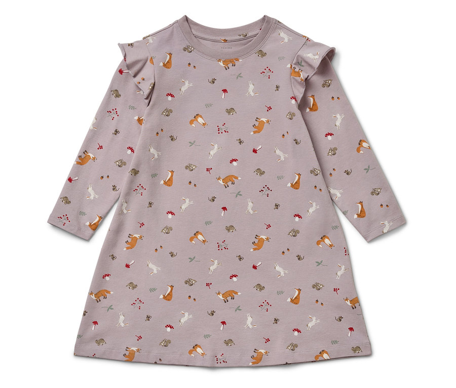 Lila, langärmliges Kleid mit Aufdruck von Füchsen, Hasen, Eichhörnchen und Pilzen.