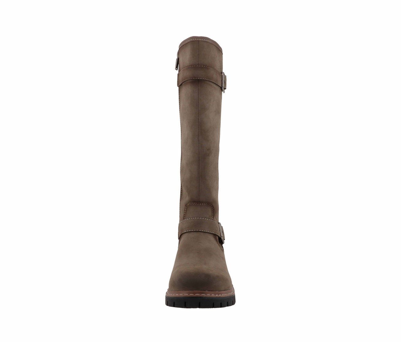 Ein brauner Stiefel auf weißem Hintergrund.