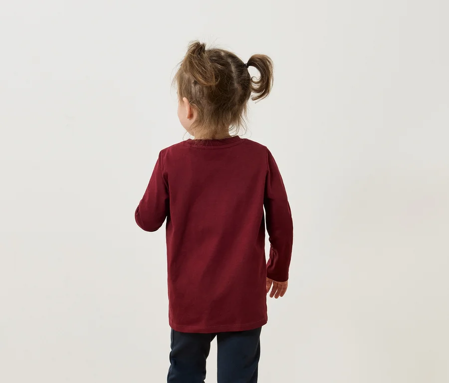 Rückansicht eines kleinen Mädchens mit Zöpfen, das ein weinrotes Langarmshirt und dunkelblaue Hosen trägt.