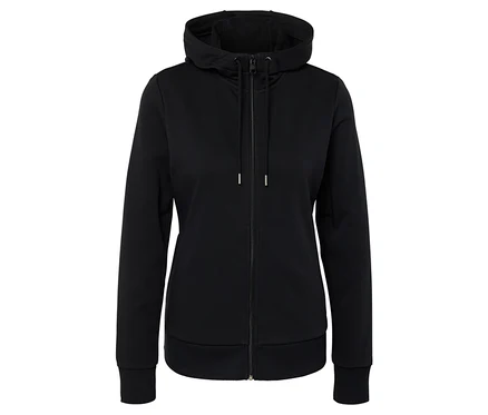 Ein schwarzer Kapuzenpullover mit Reißverschluss in der Mitte.
