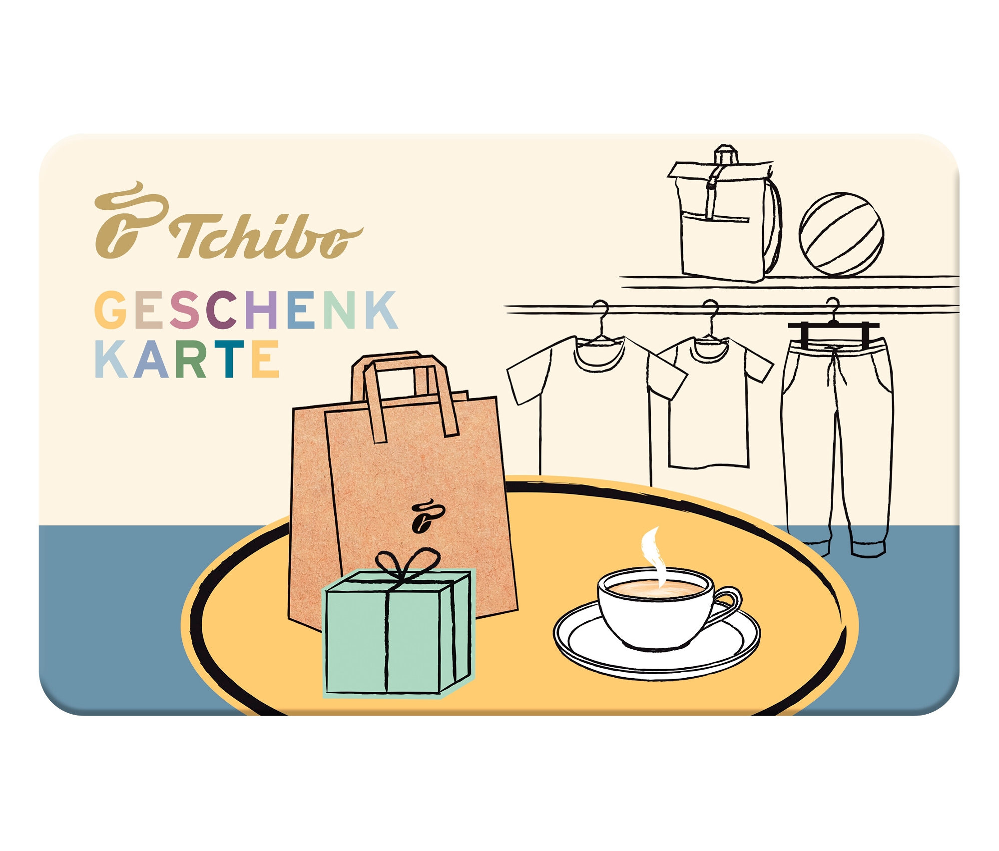 Einkaufstasche, Geschenk und eine Tasse Kaffee auf einer Tchibo Geschenkkarte.