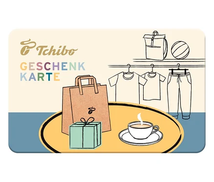 Einkaufstasche, Geschenk und eine Tasse Kaffee auf einer Tchibo Geschenkkarte.