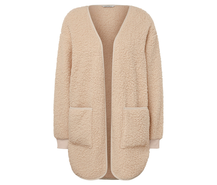 Beiger, offener Cardigan mit langen Ärmeln und Taschen.