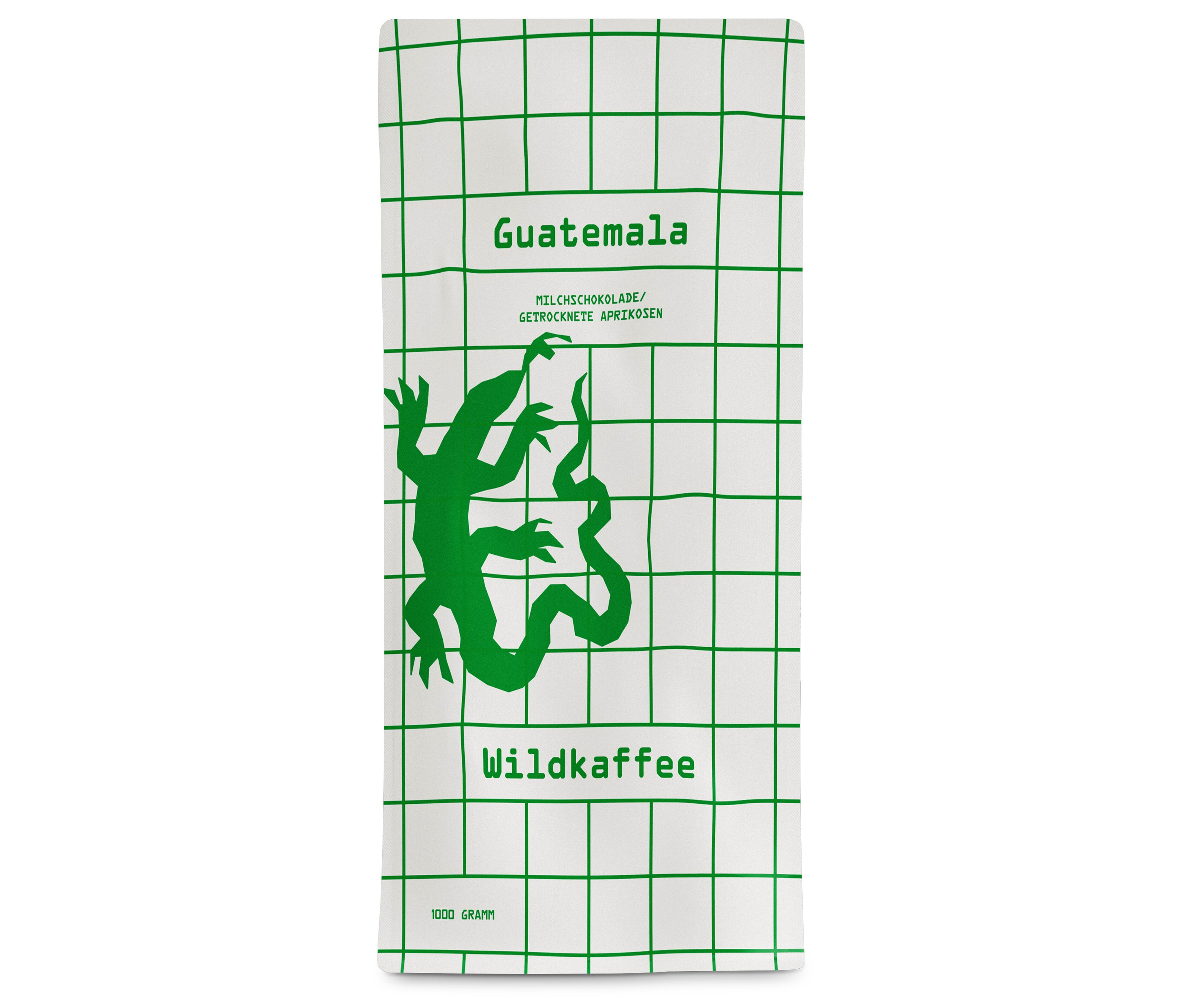 Packung Wildkaffee - Guatemala San Lorenzo Omni-Roast - 1 kg Ganze Bohne. Auf weißem Hintergrund ein grünes Gitter und eine grüne Abbildung eines Geckos.