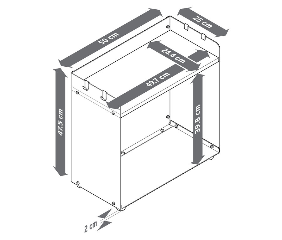 Schema eines breiten Kaminholzregals mit Ablagefläche und Abmessungen.