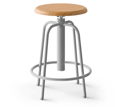 Grauer Hocker mit Holzsitz.