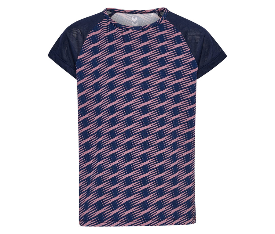 Blaues HUMMEL HMLJR Mix Kurzarm-T-Shirt mit rosafarbenem Muster.