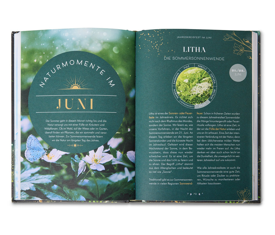 Offenes Buch mit Text und Naturbildern, links ein blauer Schmetterling auf weißen Blüten.