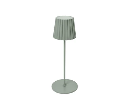 Eine salbeifarbene LED-Akku-Outdoor-Tischleuchte.