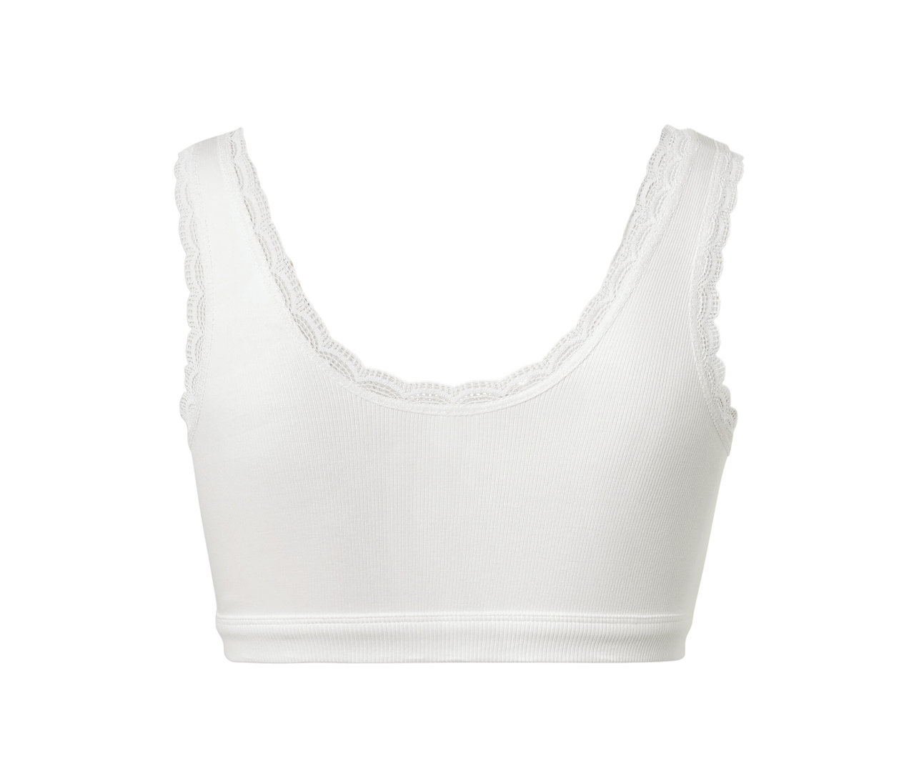 Weisses Bustier aus Rippe mit Spitzenbesatz.