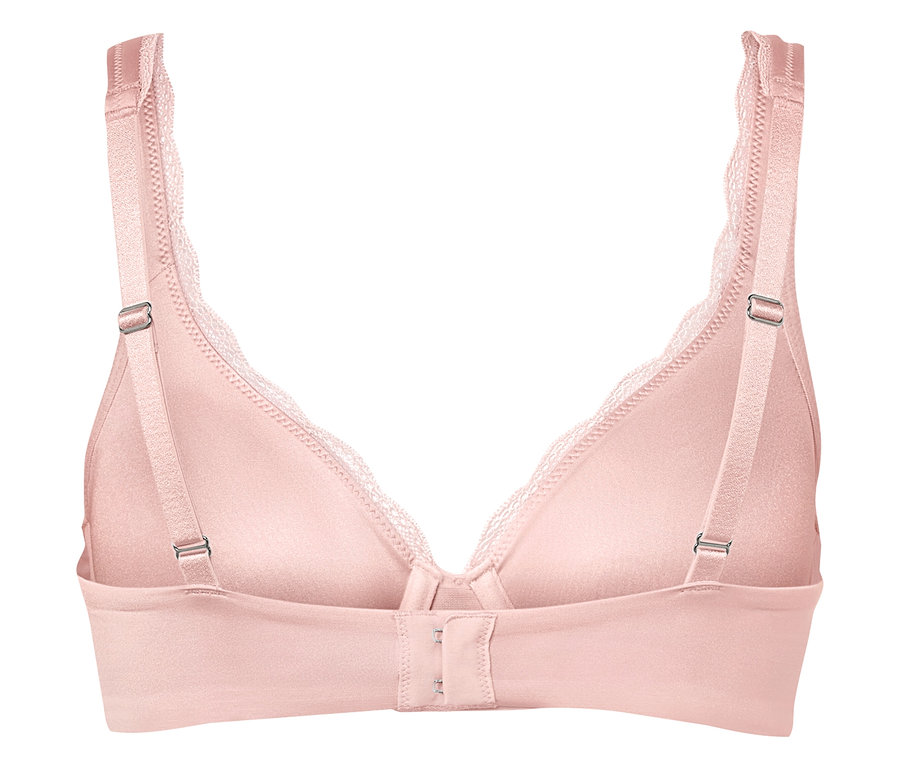 Detailansicht von der Rückseite eines rosa BHs mit Spitze.