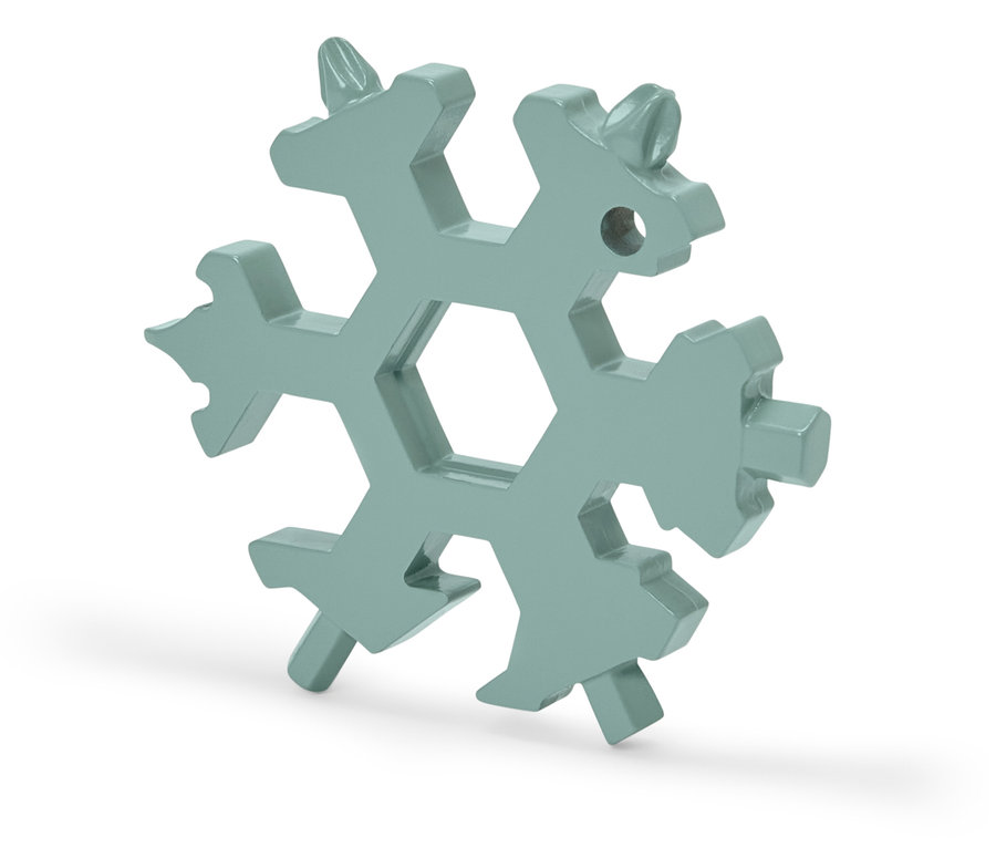 Grauer Multifunktionsschlüssel in Form einer Schneeflocke.