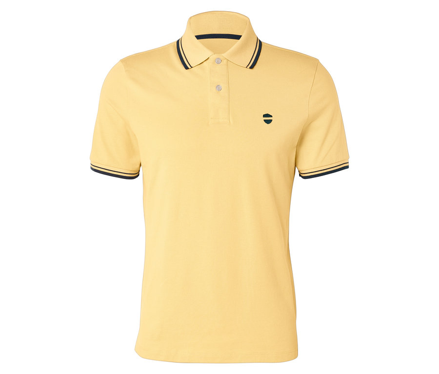 Gelbes Poloshirt mit dunkelblauen Akzenten an Kragen und Ärmeln.