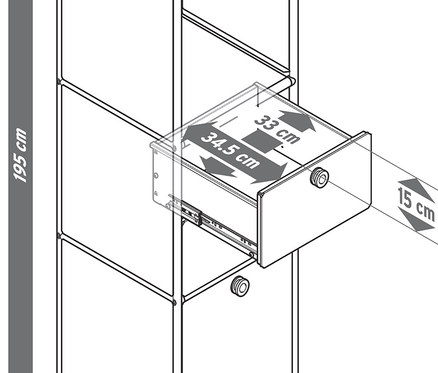 Illustration eines Metallregals »CN3« mit 2 Klappenfächern und 2 Schubladen.