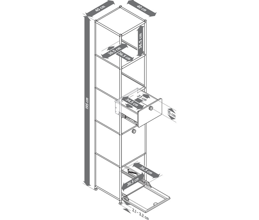 Illustration eines Metallregals »CN3« mit 2 Klappenfächern und 2 Schubladen.