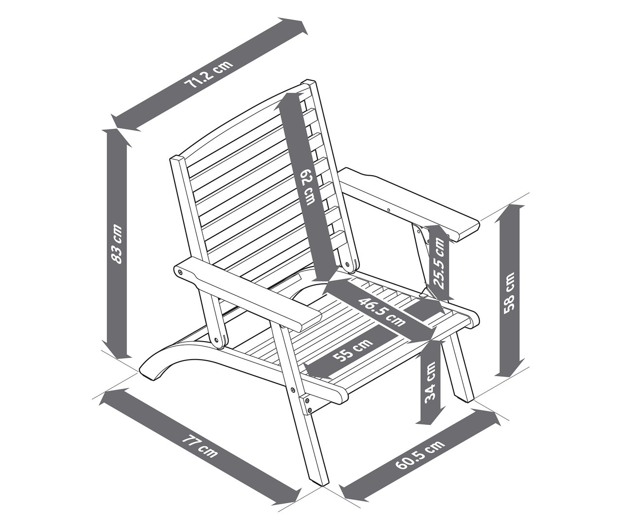 Abbildung eines zusammenklappbaren Garten-Lounge-Sessels mit Premium-Kissen, Teil eines 4-teiligen Sets, mit Maßangaben.