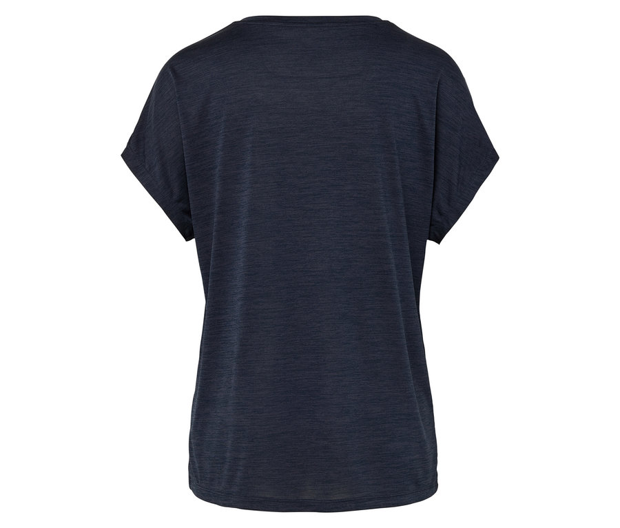 Rückansicht eines dunkelblauen T-Shirts mit kurzen Ärmeln und Rundhalsausschnitt.