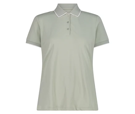 Ein hellgrünes Poloshirt mit weißen Akzenten an Kragen und Ärmeln.
