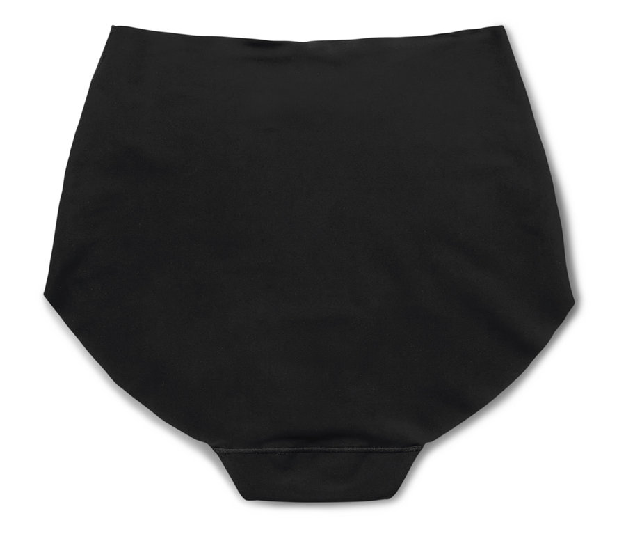 Schwarze Damenunterhose, flach auf weißem Hintergrund liegend.