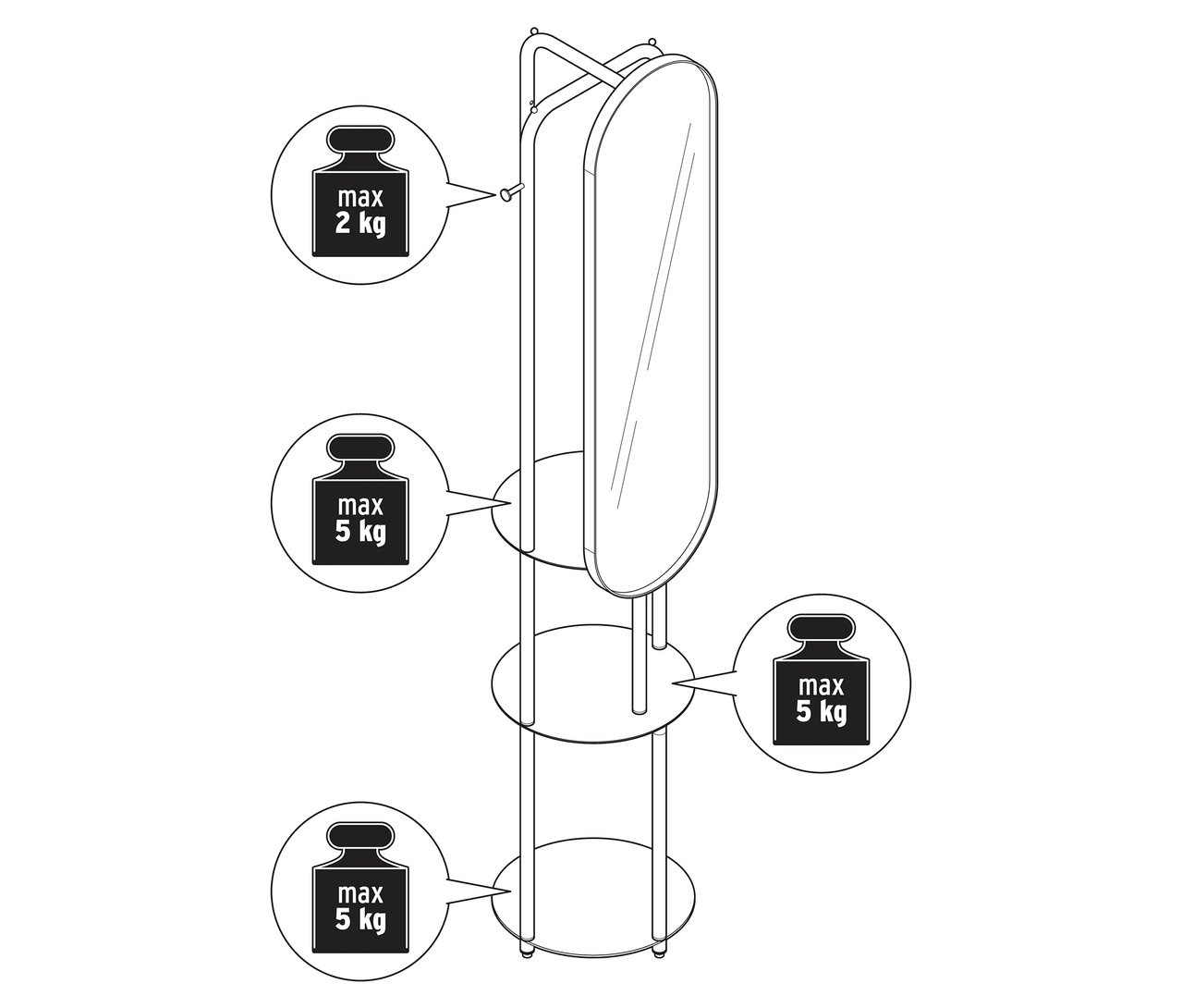 Abbildung einer Standgarderobe mit großem Spiegel.
