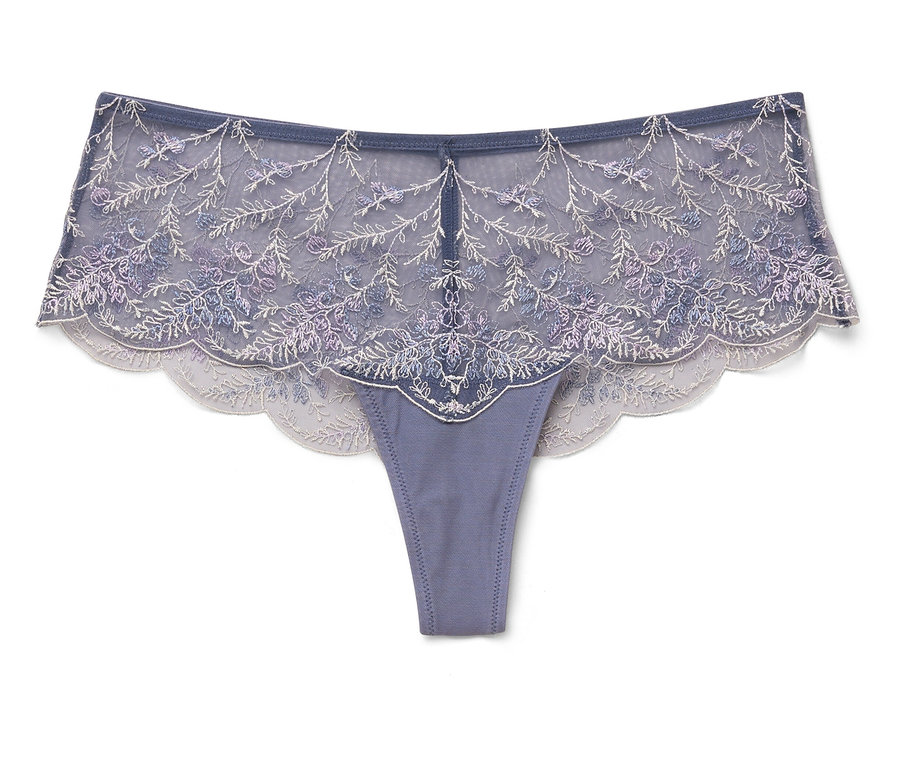 Blaue Damen-Tanga-Unterwäsche mit floraler Spitze auf weißem Hintergrund.