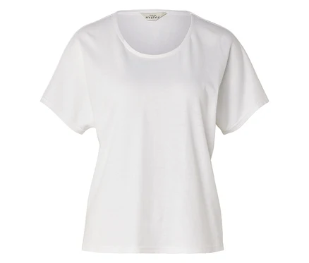 Weißes T-Shirt mit kurzen Ärmeln und Rundhalsausschnitt.