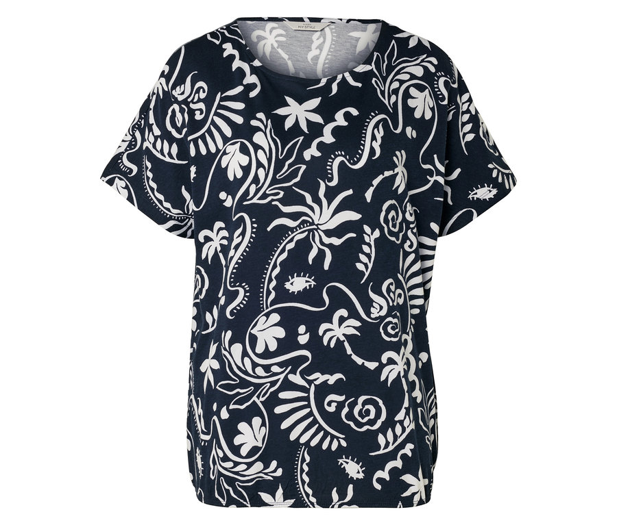 Ein marineblaues T-Shirt mit weißen Blumenmustern.
