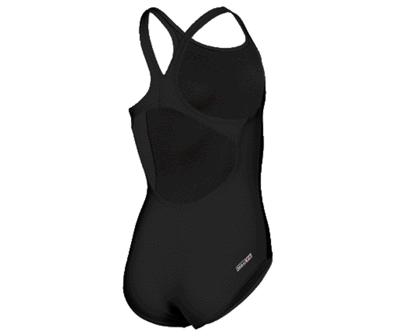 Schwarzer Badeanzug mit gekreuzten Trägern am Rücken.