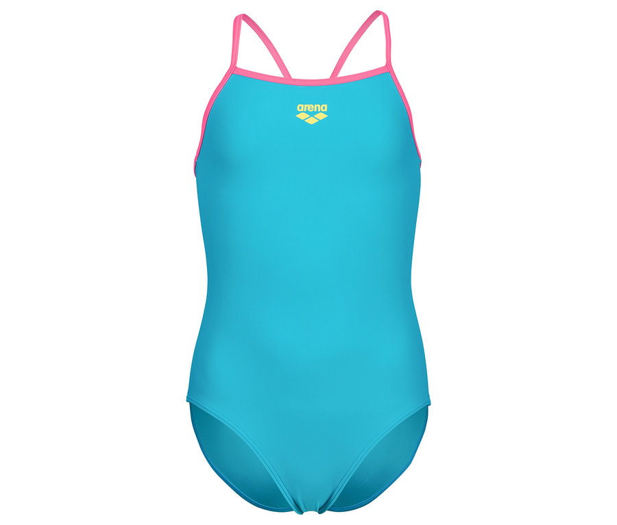 Türkis-farbener Badeanzug mit pinkfarbenen Trägern, im Studio aufgenommen.