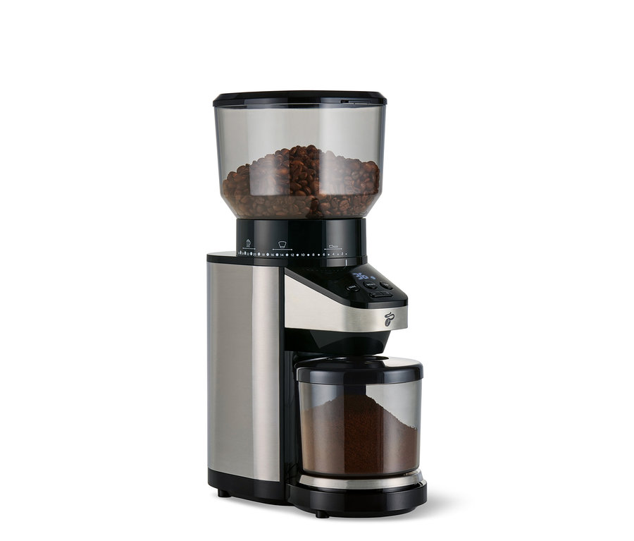 Elektrische Kaffeemühle mit Waage in Edelstahl und Schwarz, mit transparentem Bohnenbehälter voller Kaffeebohnen und transparentem Auffangbehälter mit gemahlenem Kaffee.