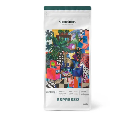 Weiße Packung sometime - CONTEMP 1 Espresso - 1 kg Ganze Bohne mit farbigem Kunstwerk.