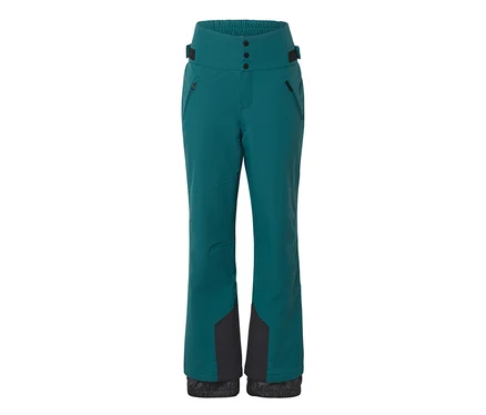 Türkise Skihose mit hohem Bund, drei schwarzen Knöpfen, Reißverschlusstaschen und schwarzen Verstärkungen an den Beinenden.