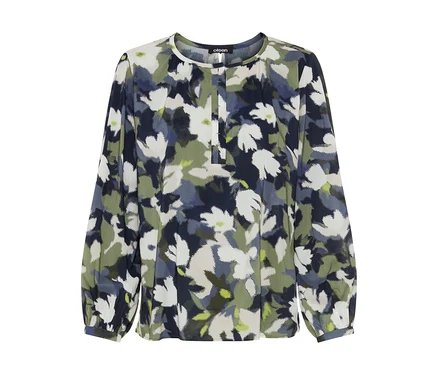 Langärmelige Bluse mit abstraktem Blumenmuster in Grün-, Blau-, Weiß- und Dunkelblautönen. Sie hat einen Rundhalsausschnitt mit kurzer Knopfleiste.