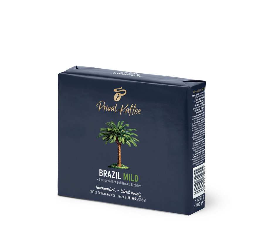 Eine Packung Privat Kaffee Brazil Mild mit einer Abbildung einer Palme.